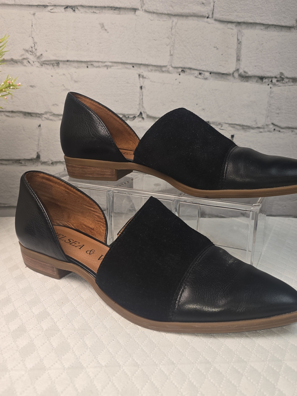 CHELSEA & VIOLET BLACK LEATHER PIPPA FLATS POINTED TOE d'ORSAY CUT OUT WOMENS 8M
